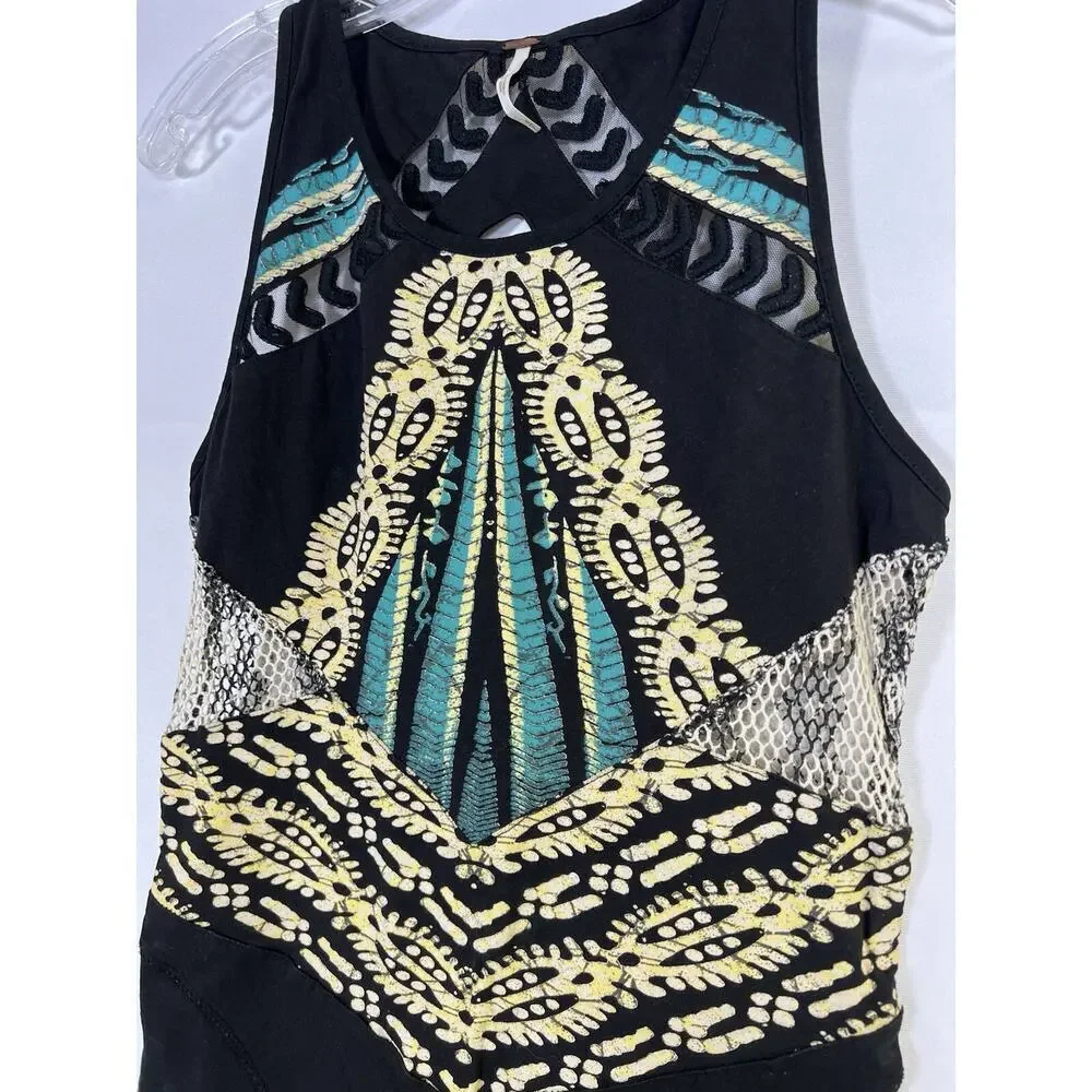VTG Y2K Free People Short Fitted Stretch Cotton Dress Size S Black Boho‎ Aztec